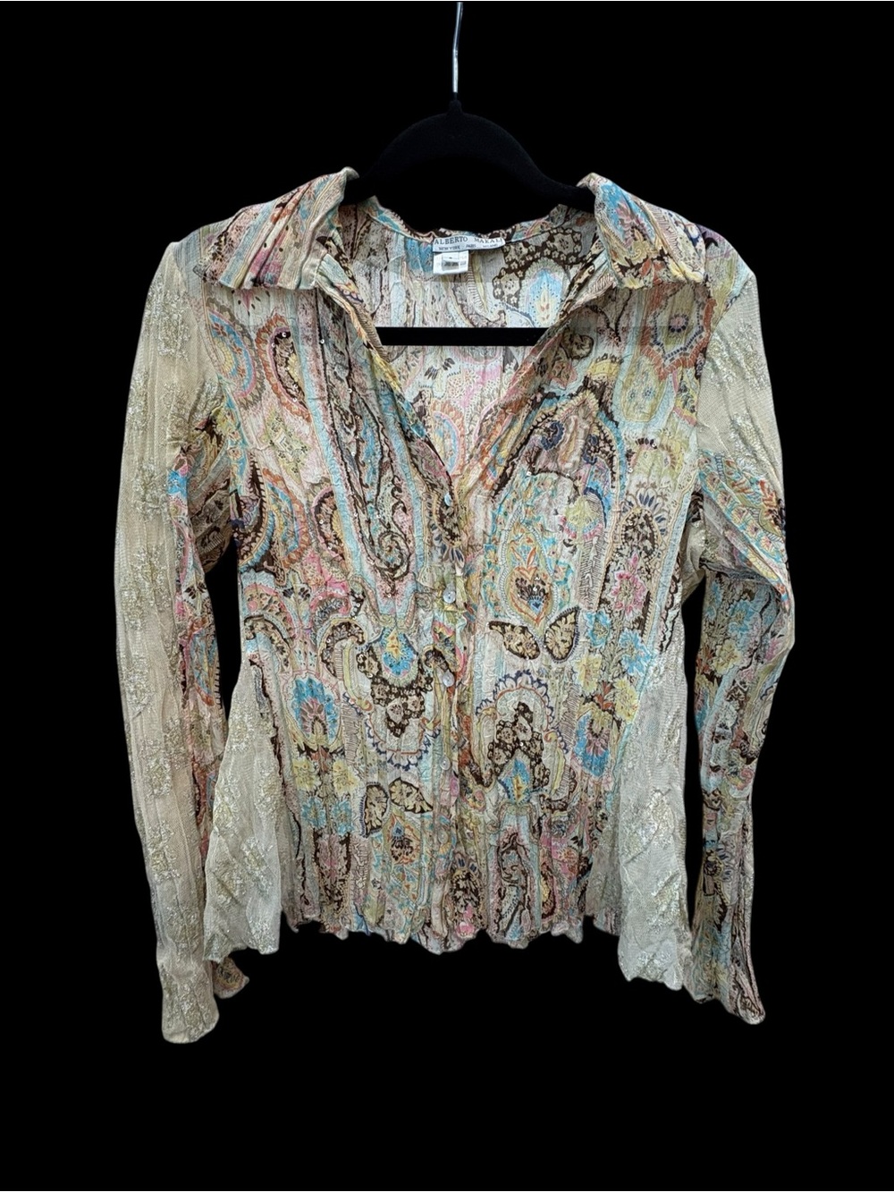 Alberto Makali Paisley Crinkle Button Down Blouse Ruffle Small S